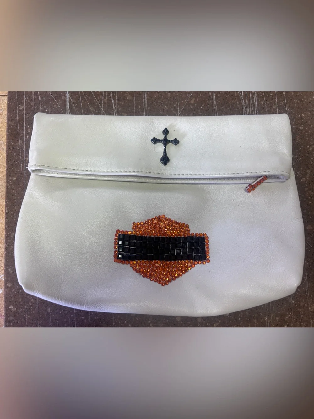 Homemade “Harley-Davidson”Leather Clutch Orange & Black Beaded Accent of Logo